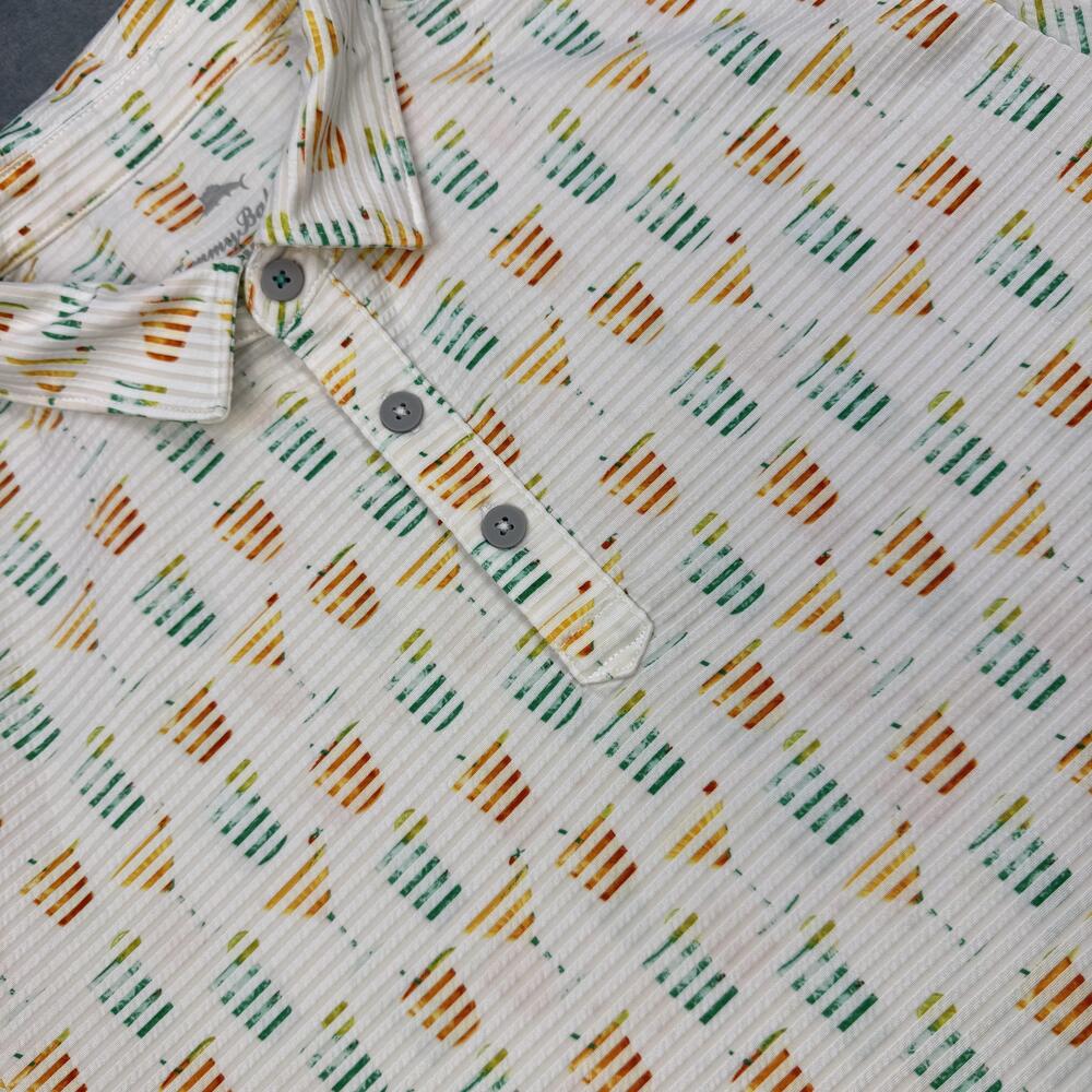 Tommy Bahama Polo Shirt Mens Medium White Cocktail Print Stretch Knit Tropical